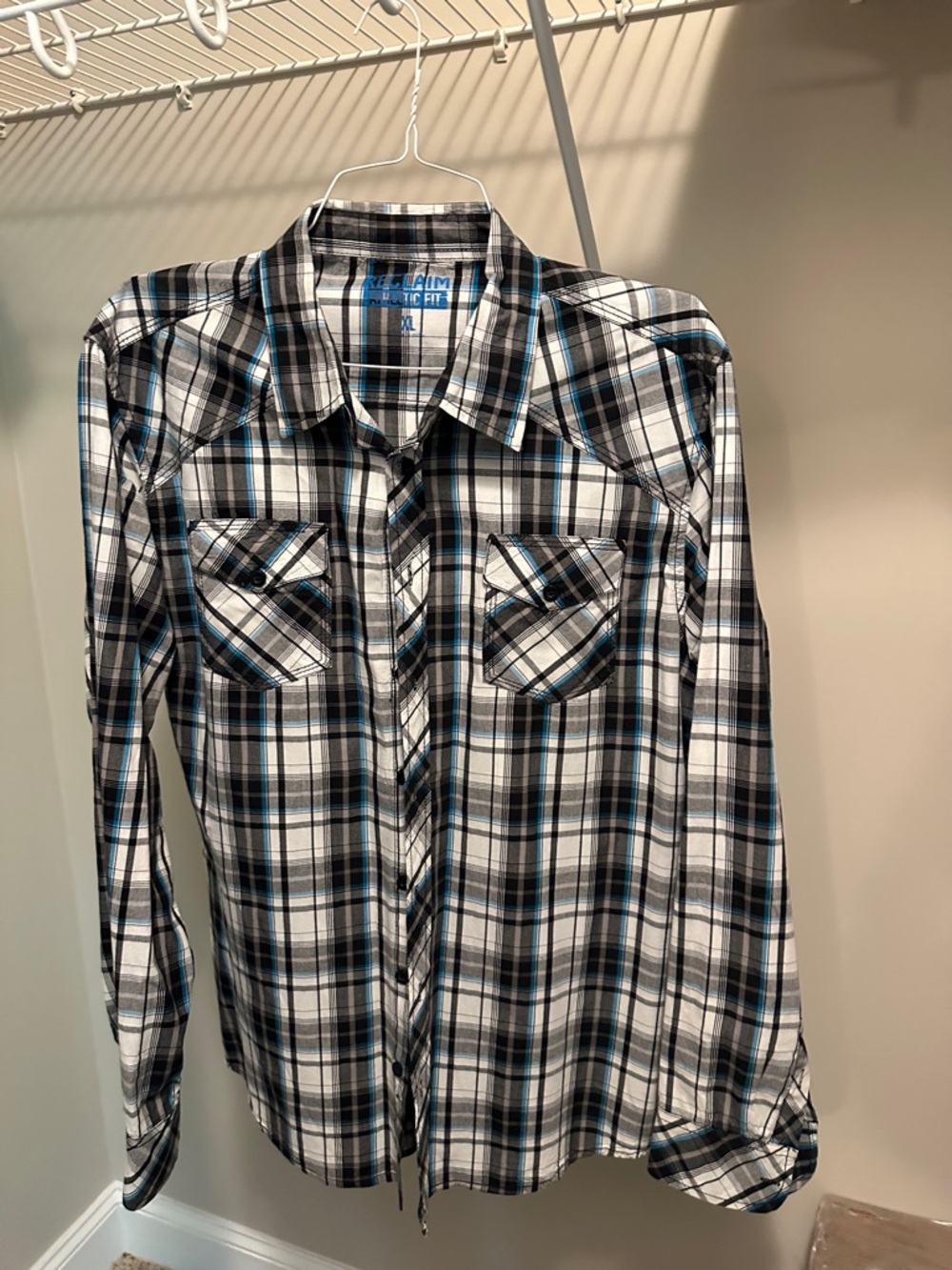 Men's Black & White Plaid Button-Down Shirt with Blue Accent